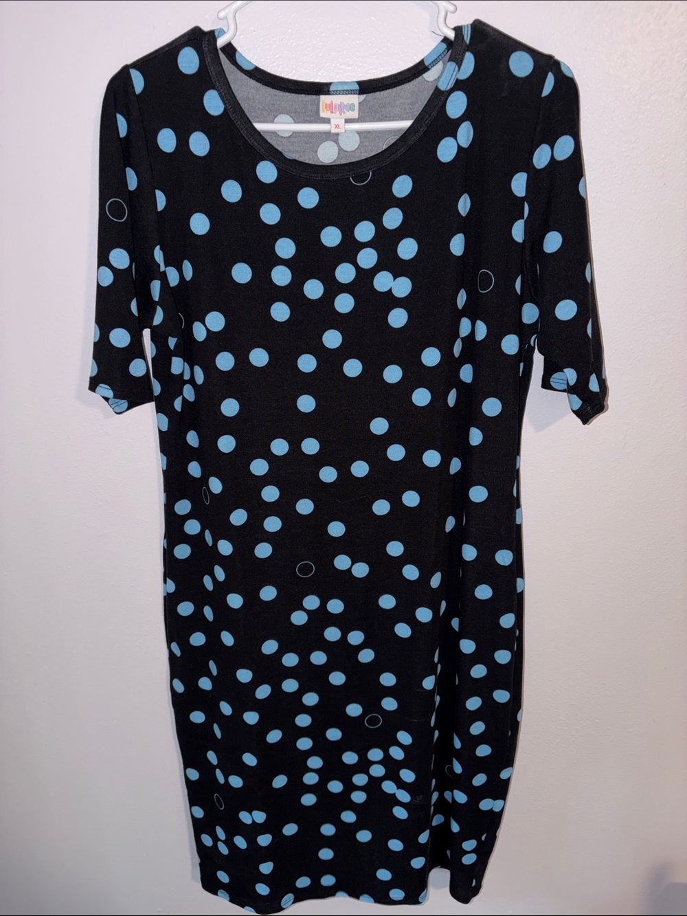 LuLaRoe “Julia” Dress, Black with Blue Polka Dots, sz XL
